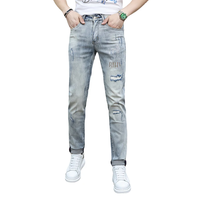 2024 light luxury high-end fashion trend hot stamping hot diamond casual jeans men's light blue slim small leg pants