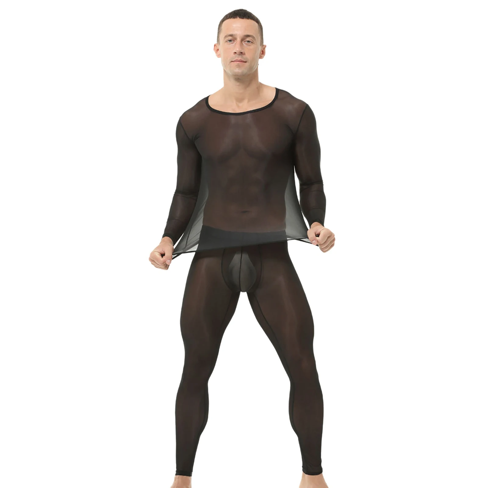 

Men's Running Set See-Through Sports Outfit Lightweight Long Sleeves Undershirt with Leggings Quick-Drying Fitness Track Suits