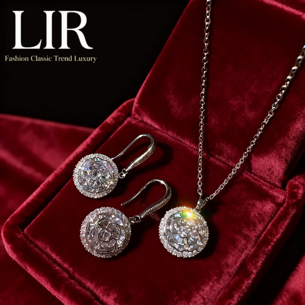 

Женский комплект ювелирных изделий на заказ LIR: круглое ожерелье с драгоценными камнями шибертной розы (звездное сияние), блестящие большие серьги с цветком циркона в каратах