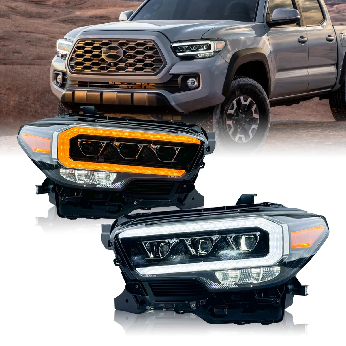 

LED Lights Head Lamps Assembly For Toyota Tacoma 2015-2020 Front Lamp Three Lens Headlights DRL Sequential Turn Signal