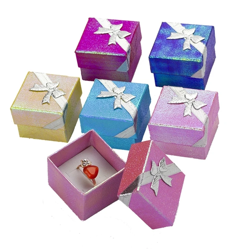 120pcs/lot Paper Jewelry Box Multi Colors Laser Ring Boxes Fashion Ribbon Pendant Earrings Box 4*4*3 Display Packaging Gift Box