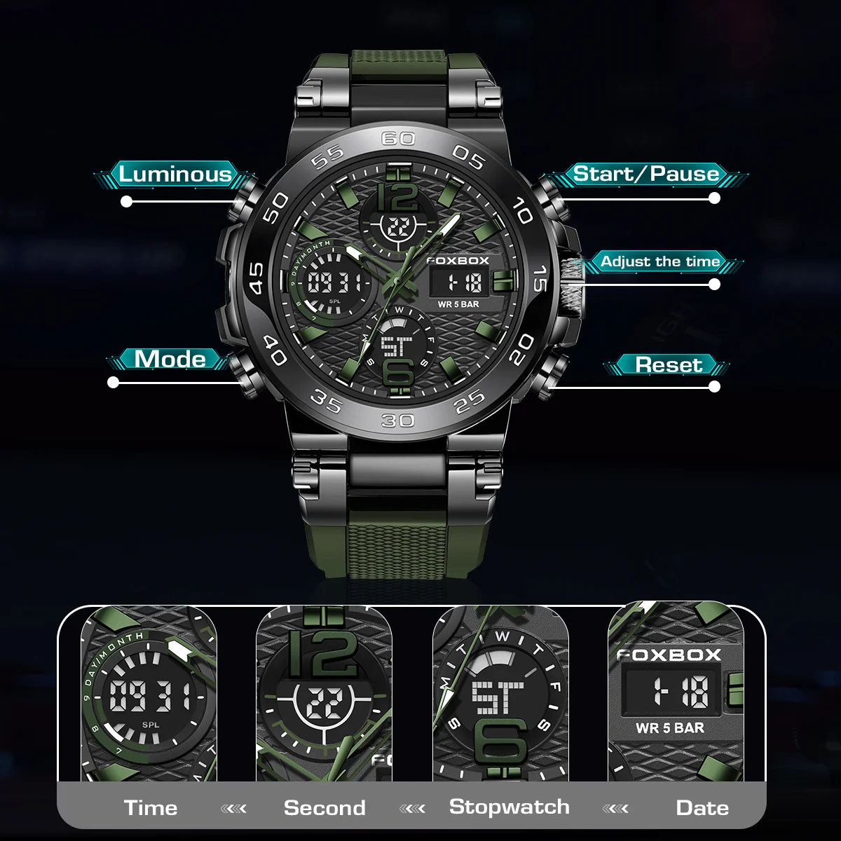 Fashion LED Luminous Mens Watch Dual Display Military Sports Man Watch Digital Calendar Waterproof  Quartz Wristwatches For Men