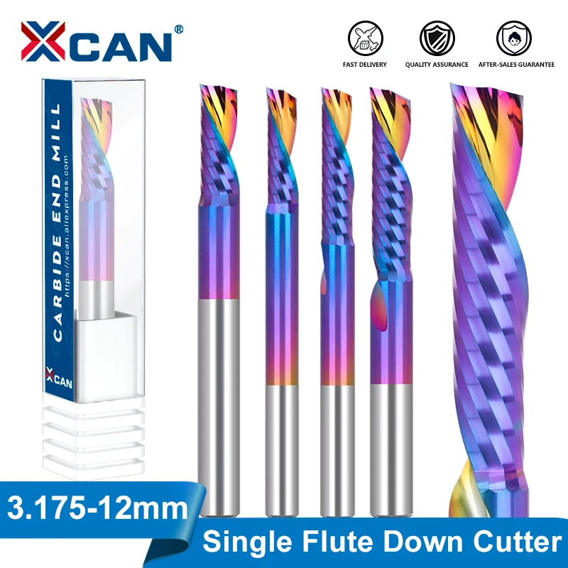 XCAN Down Cut Carbide Endmill CNC Milling Cutter Engraving Bit for Woodworking Tool Single Flute Router Bit 3.175-12mm Shank