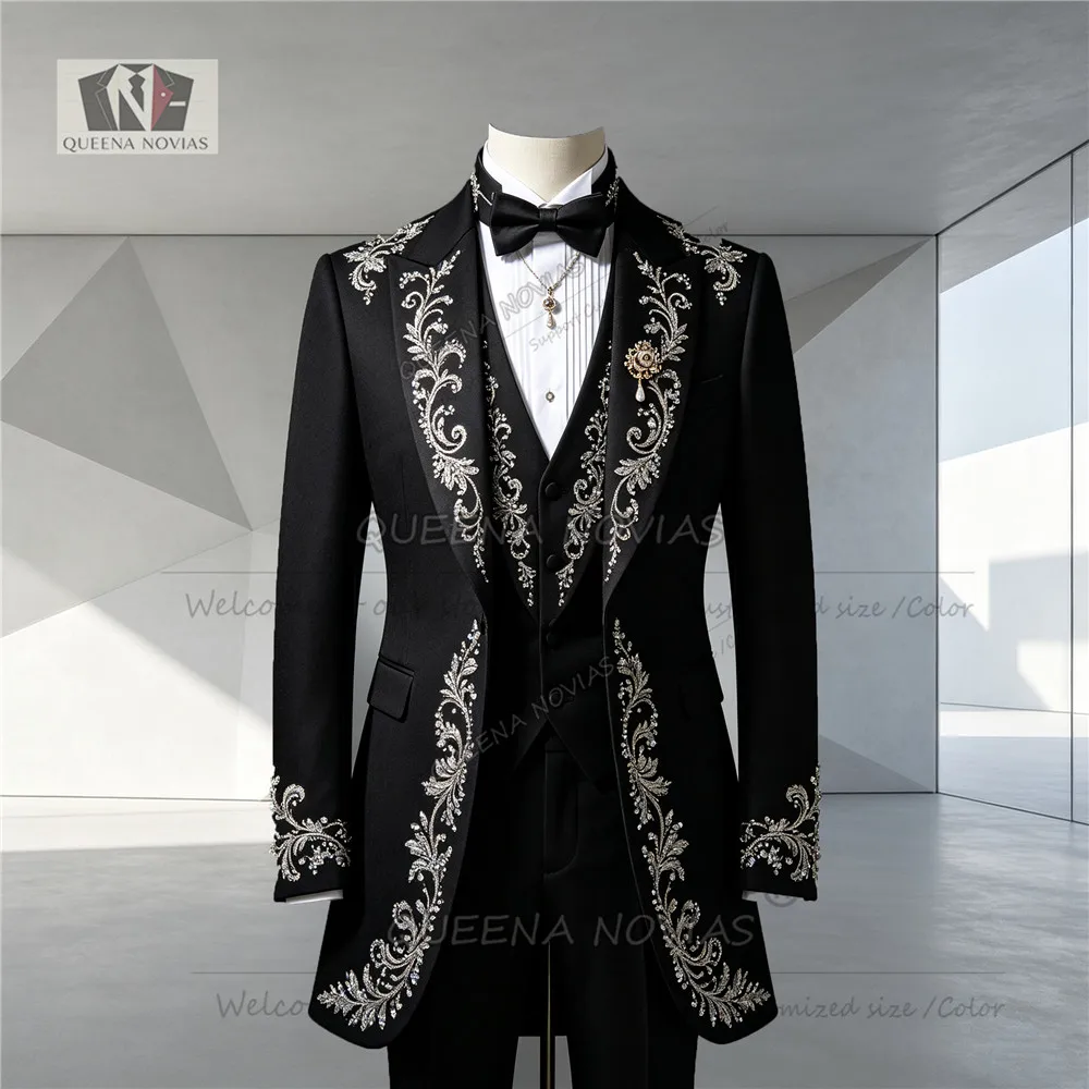 Exclusive Crystals Beading Men's Tuxedo Suit Long Customized Single Breasted Jacket Vest Pants 3 Piece Sets Groom Party Clothes