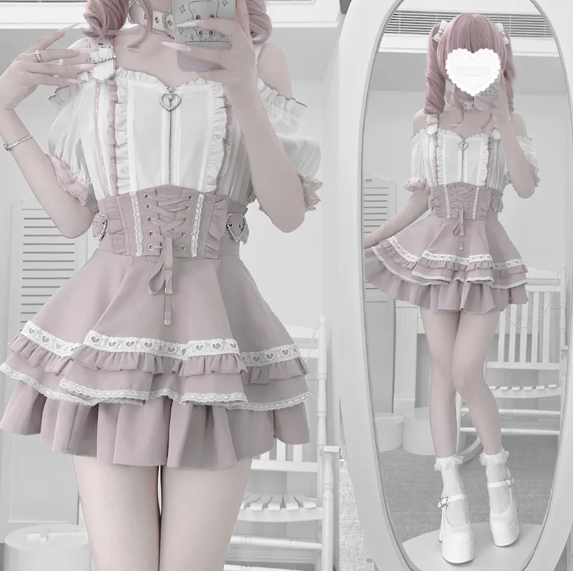 New Japanese Subculture Original Rojita Style SC Y2k Top Zipper Short-sleeves Shirt New Small Mini Cake Skirts Women's Clothing