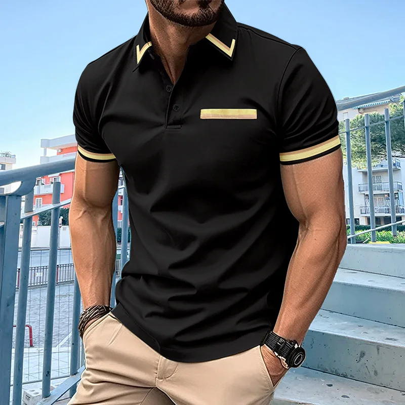 Men's Casual Polo Shirt with Chest Pocket, Color Matching Lapel, Versatile, Fashion, GZMS-2024L, New