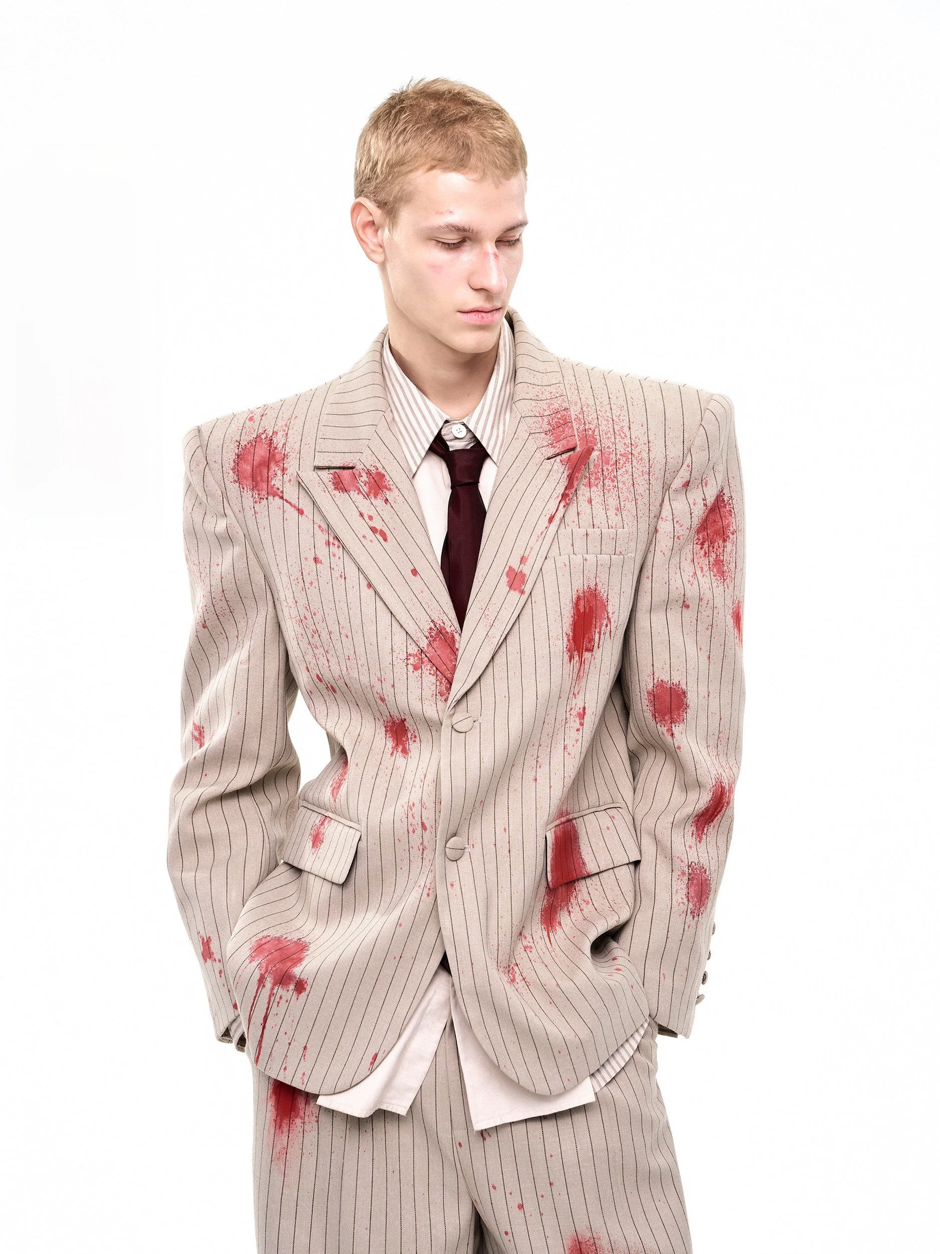 

Men's oulder Pad Suit Jaet Vertical Stripes Autumn Winter Slim Fit Single Button Casual Sle Polyester Cotton Blend