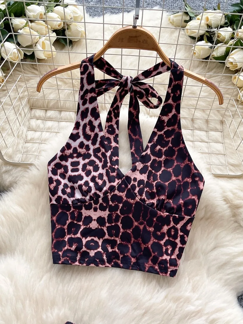 Foamlina Conjunto de 2 piezas con estampado de leopardo para mujer Y2k Top halter sin mangas y espalda descubierta + minifalda Ropa seductora para verano