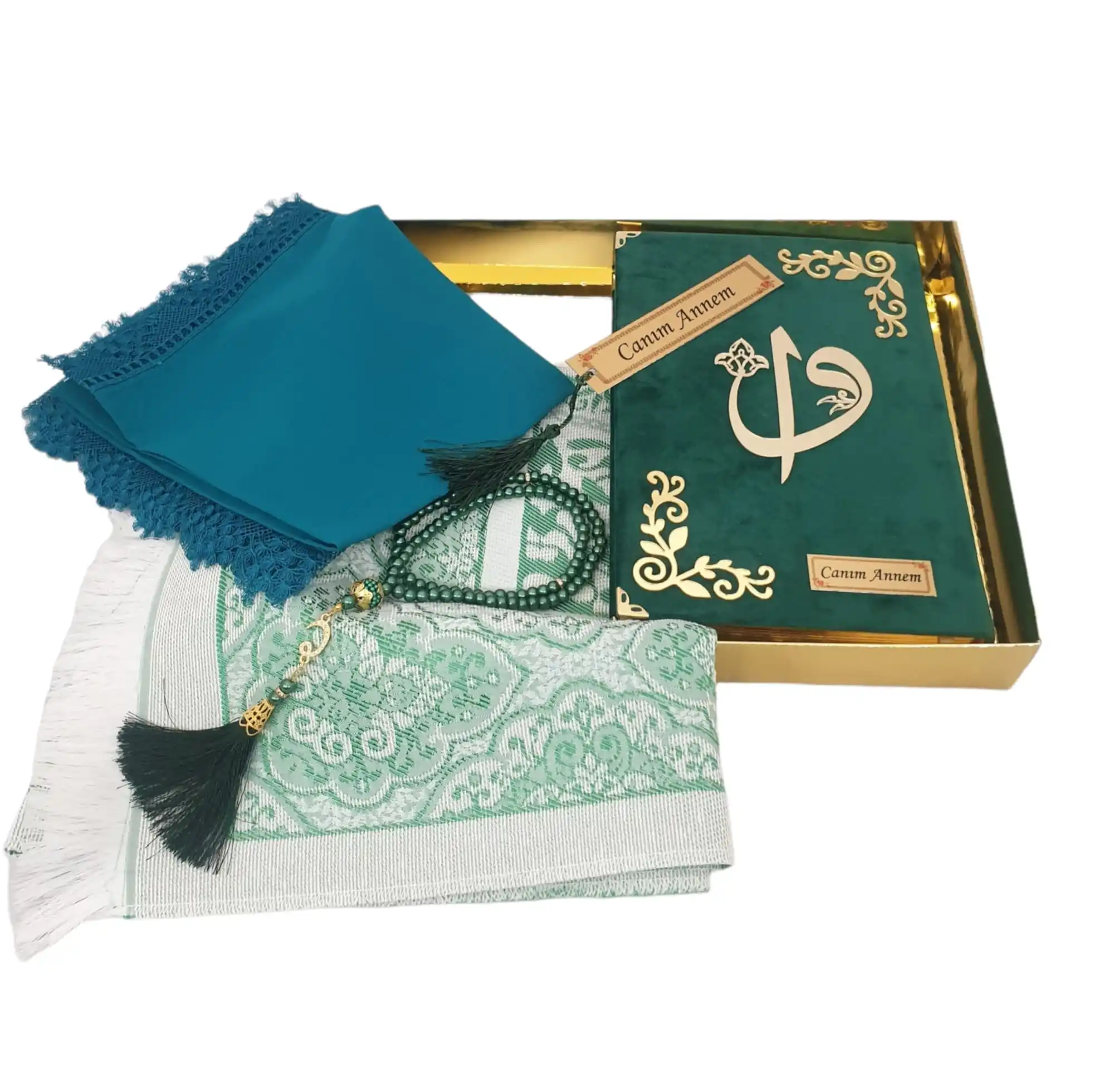 Green Gift Koran Kerim Set Shroud Rosary Seccade