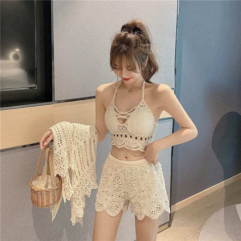 

Knit Two Piece Sets Women Summer Vacation Backless Camisole Elastic Waist Shorts Hollow Out Y2K Beach Style Suits