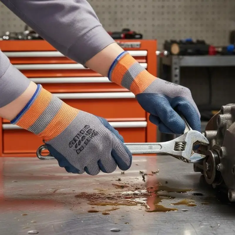 1 Paar rutschfeste Arbeitshandschuhe, latexbeschichtete Sicherheitsarbeitshandschuhe, abriebfeste, flexible Schutzhandschuhe für den industriellen Einsatz, Handschuhe. – Detail 2