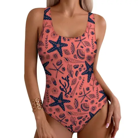 Sea Shells Swimsuit Living Coral Swimwear One Piece Sport Pattern Swimsuits Cut Out Bathing Suits Female Push Up Sexy Beachwear