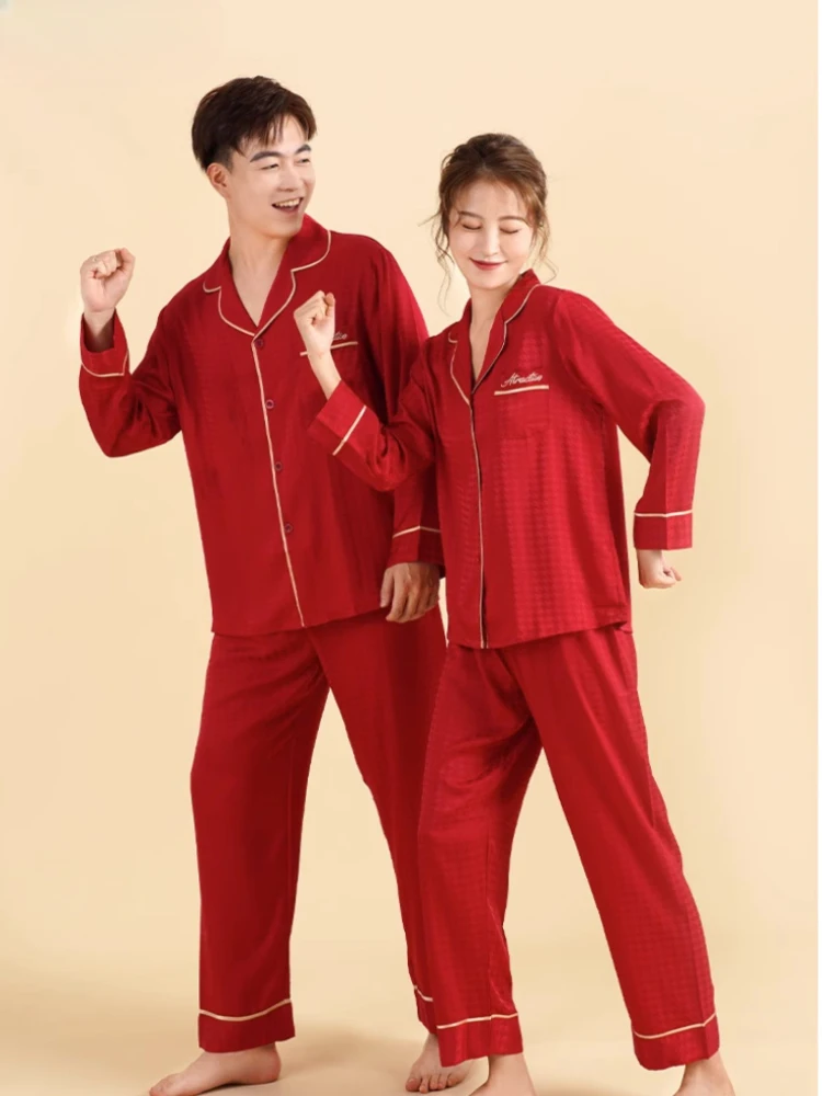 Couple's Home Wear Long Sleeve Red Cotton Exquisite Embroidered Lapel Simple Fashion Casual Festive Four Seasons Universal 1Pc