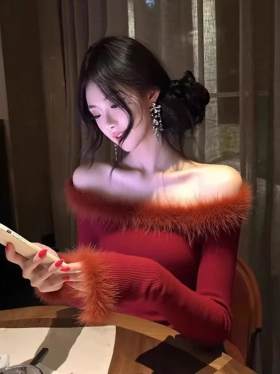 

Красный вязаный свитер с контрастными вставками на плечах, женский облегающий топ для ношения под одеждой, весенний сезон, модный стиль для девушек в стиле "сладкая и острая девушка"