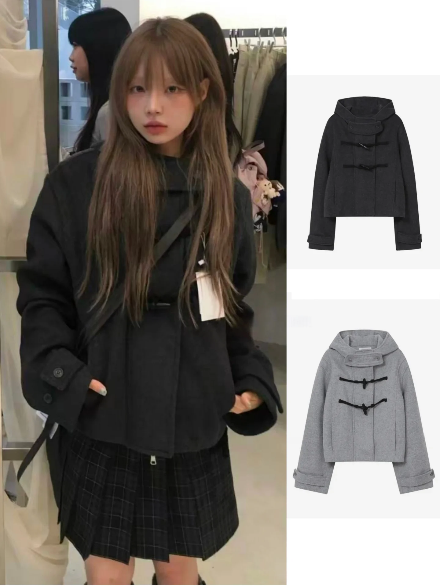 

Warm Retro Korean Sle ort Woolen Coat with Hood Loose Casual Button-Up Fem Commuter Faion Autumn Winter Outerwear
