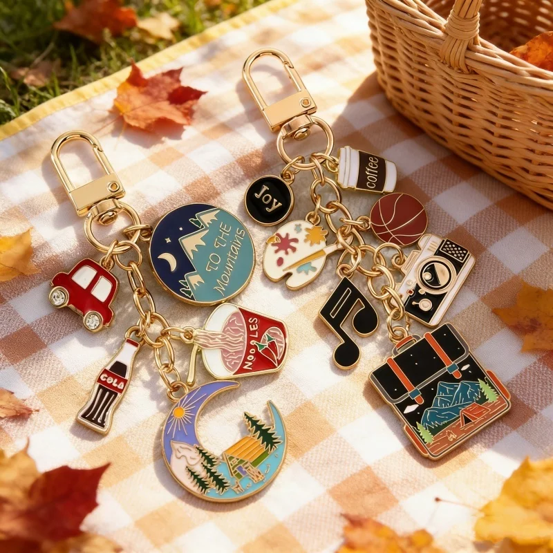 1PC Cartoon Cola Note Camera Instant Noodles Park Drip Alloy Keychain Creative Hiking and picnicking Bag Mobile Phone Pendant