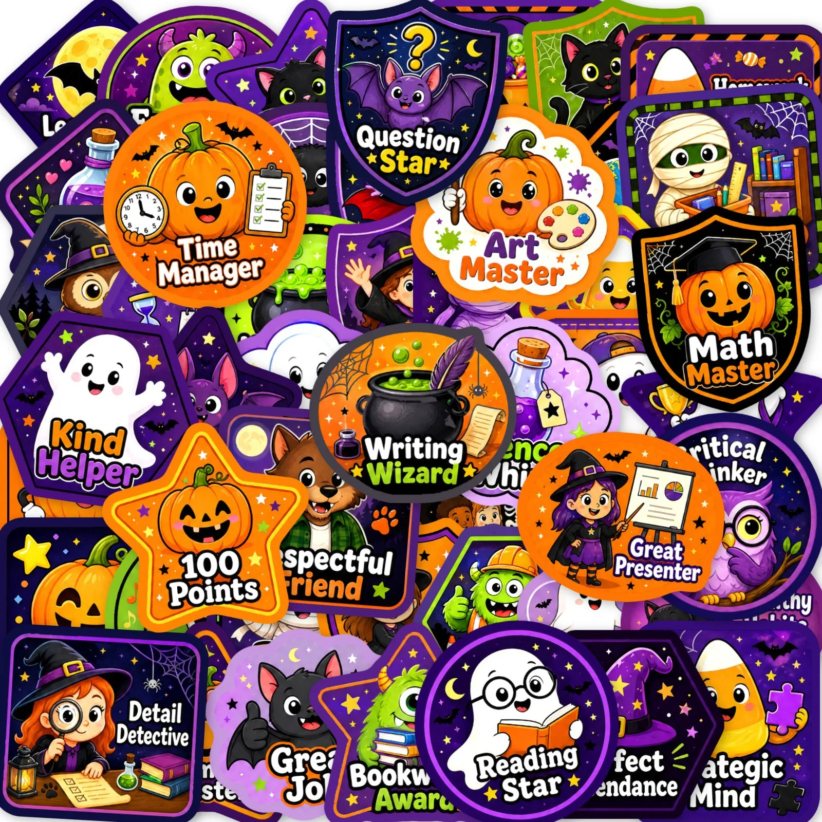 50-Pack Halloween Cartoon English Praise Graffiti Waterproof Stickers Luggage Guitar Notebook Stationery Durable Decals