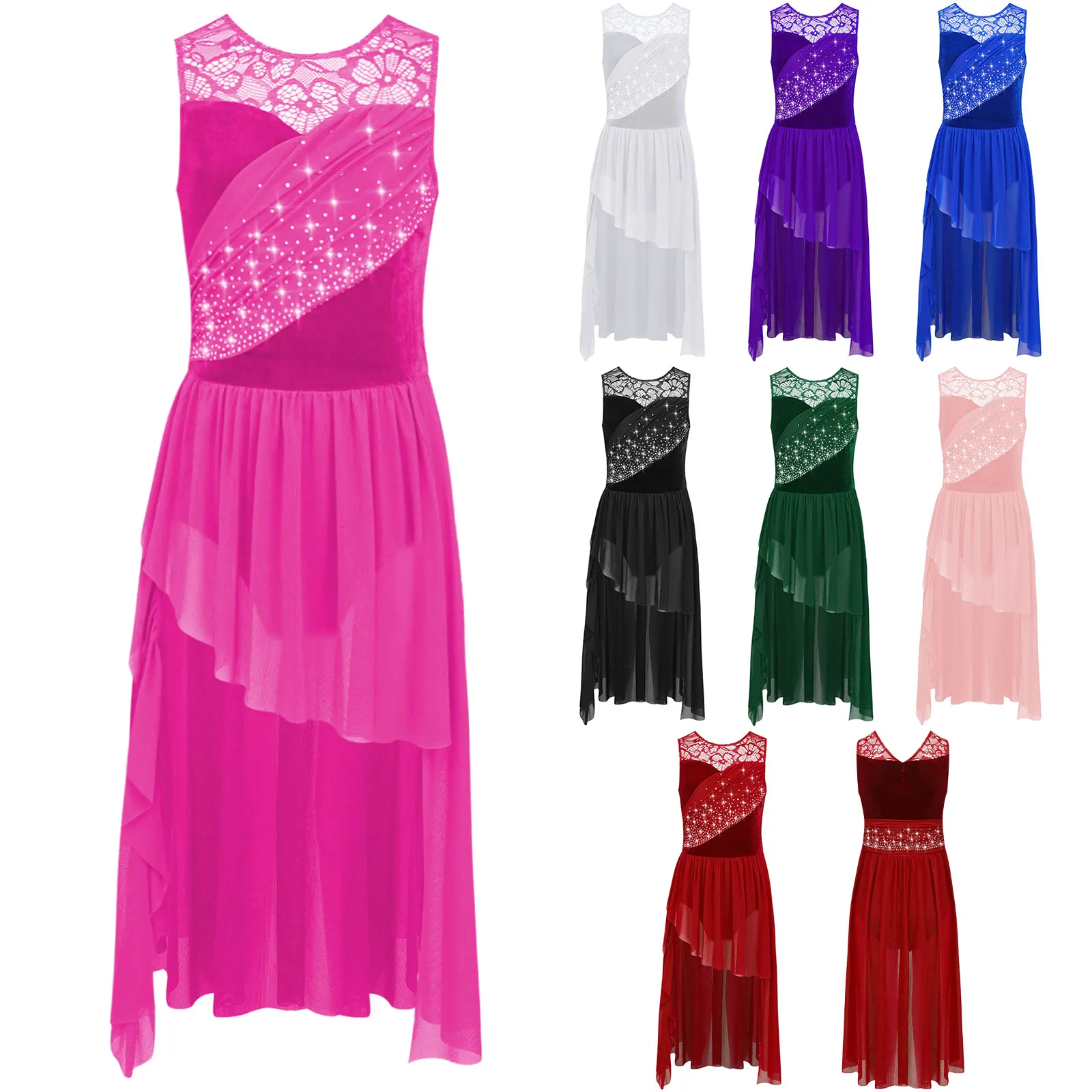 Kinderen meisjes lyrische dansjurk ballerina prestatiekostuum moderne hedendaagse danskleding kant patchwork ruches mesh strass