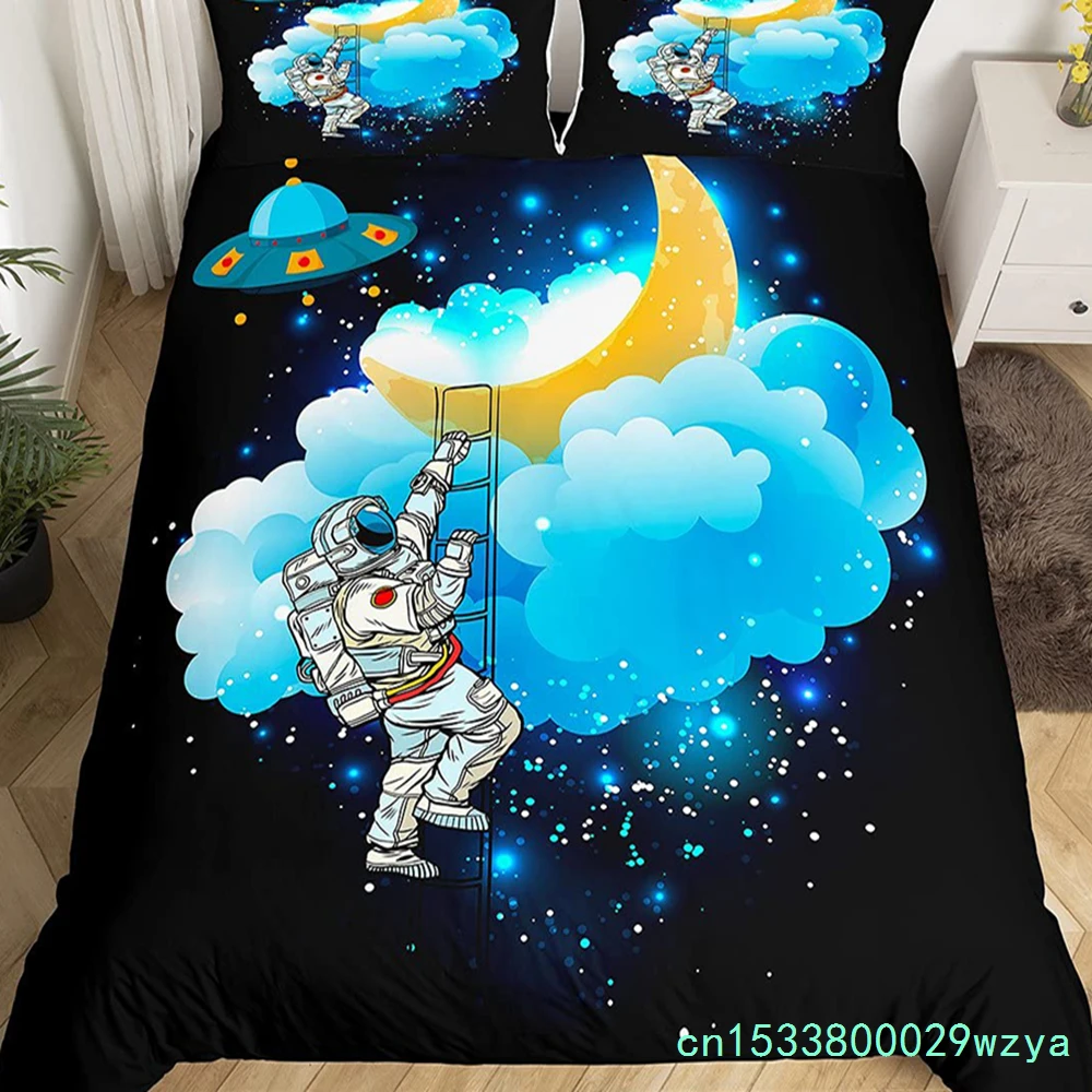 Cartoon Astronaut Duvet Cover Set Moon Clouds Starry Sky Quilt Cover Microfiber Galaxy Bedding Set Twin King For Boys Girls Gift
