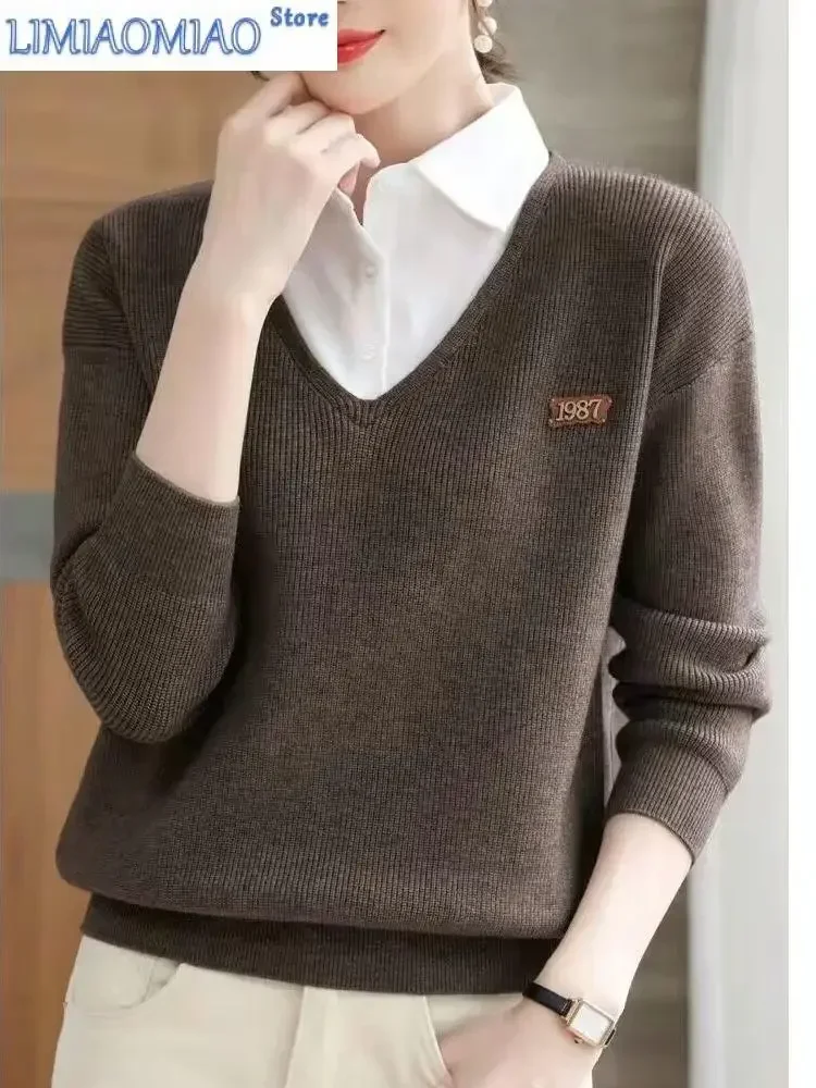 

Women's Wear Fashion Two Fake Pieces Sweaters Women Autumn Winter Loose Interior Lapping Long Sleeve Knitting Bottoming Shirt