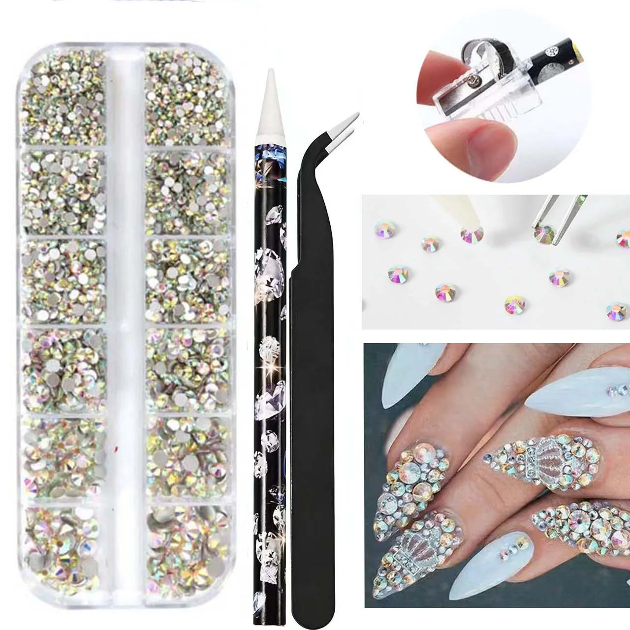 4Pcs/Set Nail Diamond Set Drill Pens Tweezers Sharpening Knives AB Mixed Color Glass Flat Bottom Drills DIY Nail Decorations
