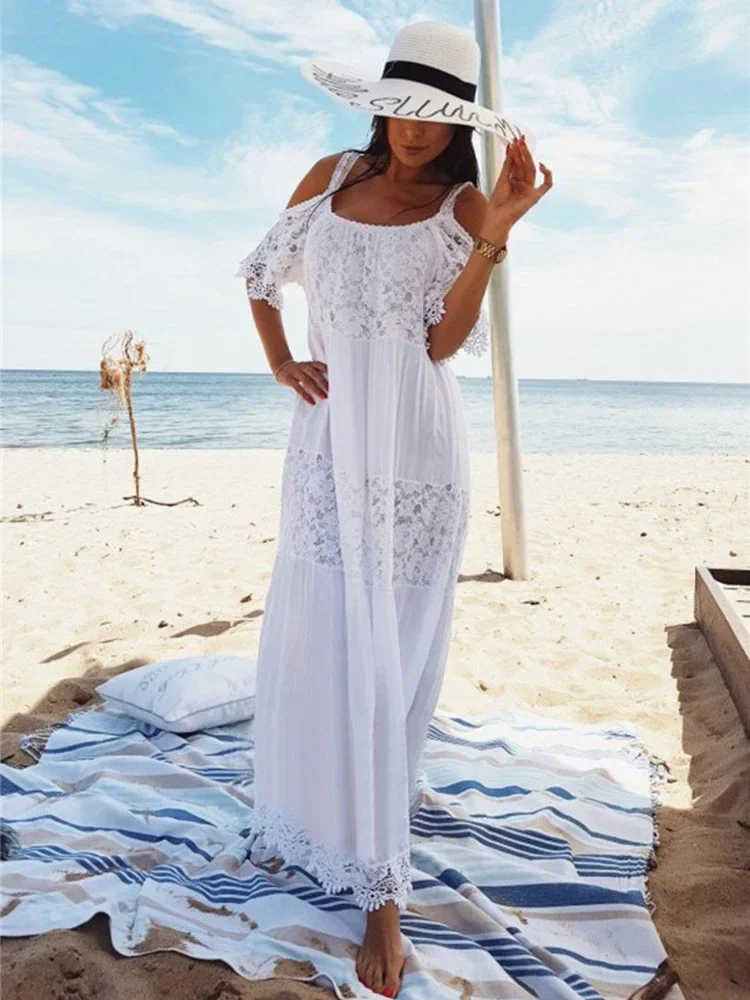 2025 new Lace Spliced Bikini Cover-Ups Women Beach Cover Up Off Shoulder Solid Summer Fashion Female Classic Dress Beachwear