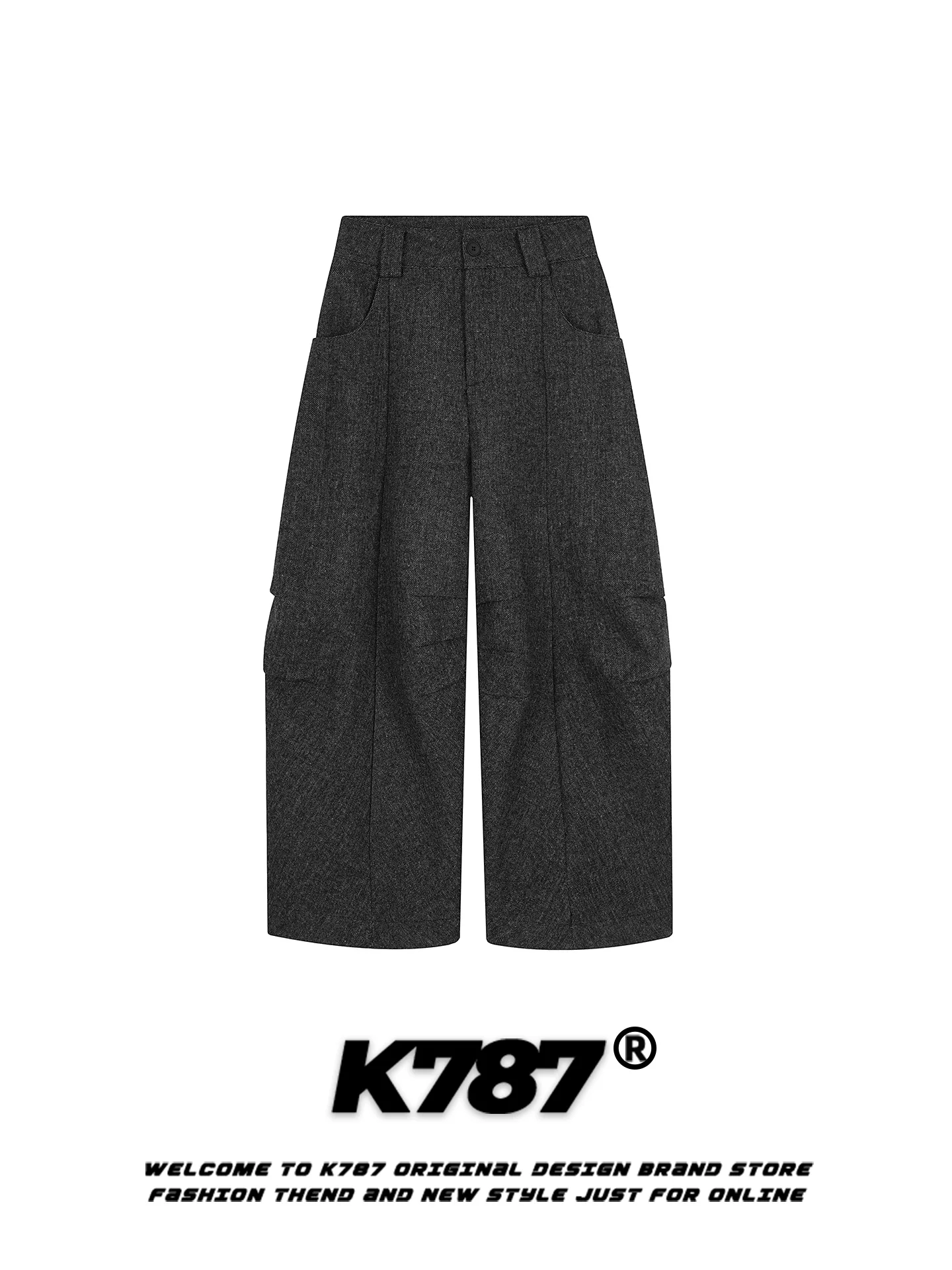 

K787 American Style Street Pure Color Pleated Casual Pants Men's Loose Slimming Design Straight Leg Wide Leg Long Trousers