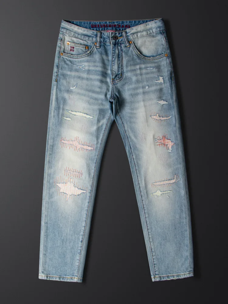 

Broken hole jeans for men's summer slim fit 2025 new style slim fit small foot elastic light blue denim pants