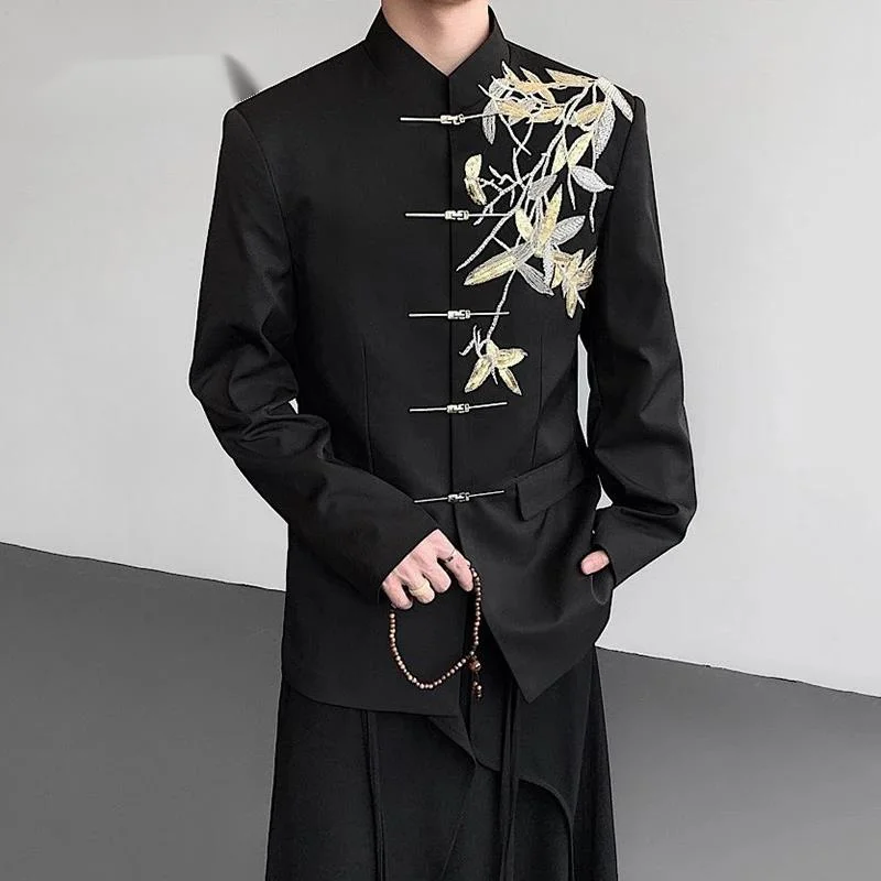 Sequin Bamboo Embroidery Men's Jackets Suit Stand Collar Contrast Color Single Breasted Loose Fashiom Male Blazers VFR56