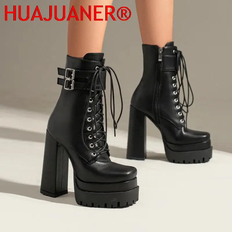 Doppel plattform Frauen Punk Stiefel Square Toe Super High Heel Stiefeletten Schnürung Reiß verschluss Motorrads tiefel Herbst Winter Damenschuhe