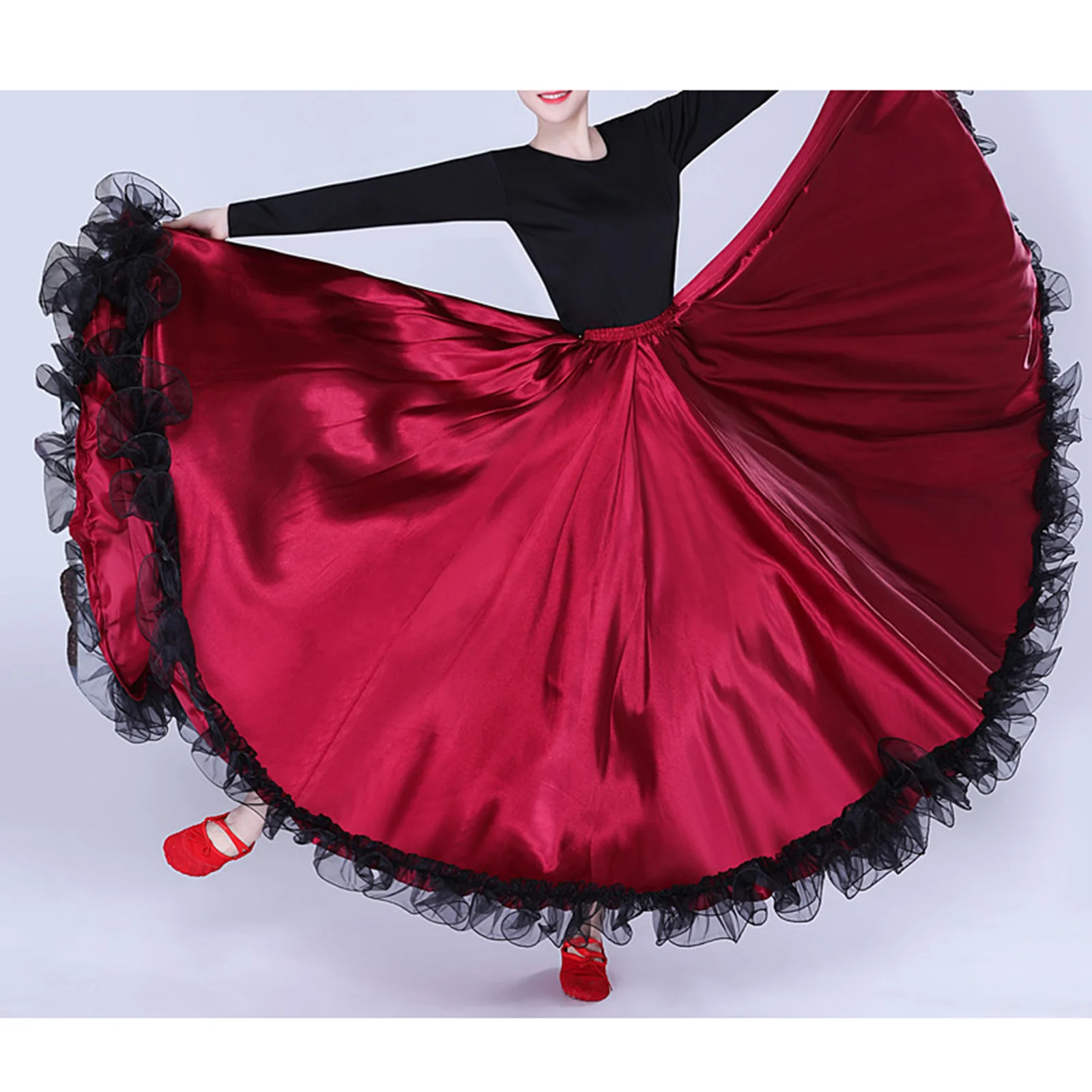 Vrouwen Spaanse Flamenco Bull Dance Rok Buikdans Rok Ruches Zoom Grote Swing Satijn Maxi Rok Professionele Danskostuums