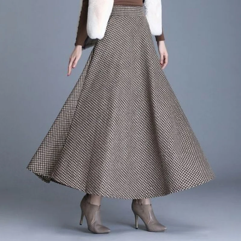 Autumn Winter Women Wool Plaid Skirt Office Lady Fashion Temperament Simple Versatile High Waist Casual Long Large Swing Skirts