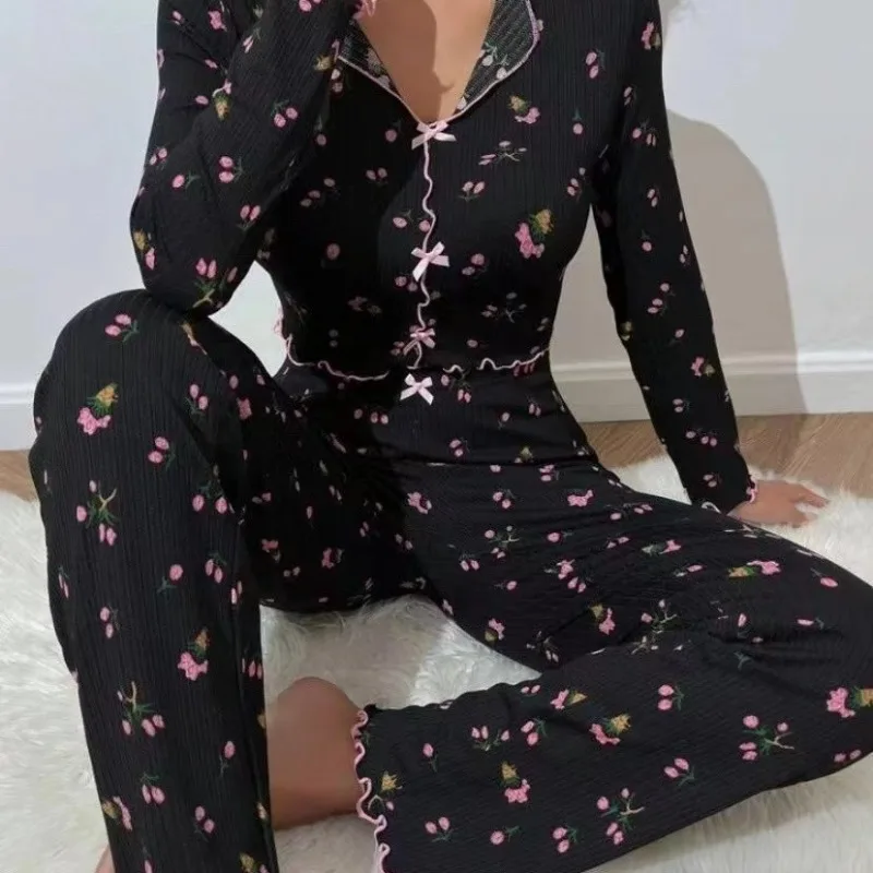 Women\'s Sleepwear Suit Vintage Floral Print  Lettuce Trim Top with Pant Loungewear Full Sleeve Casual Nightwear Pajamas Set