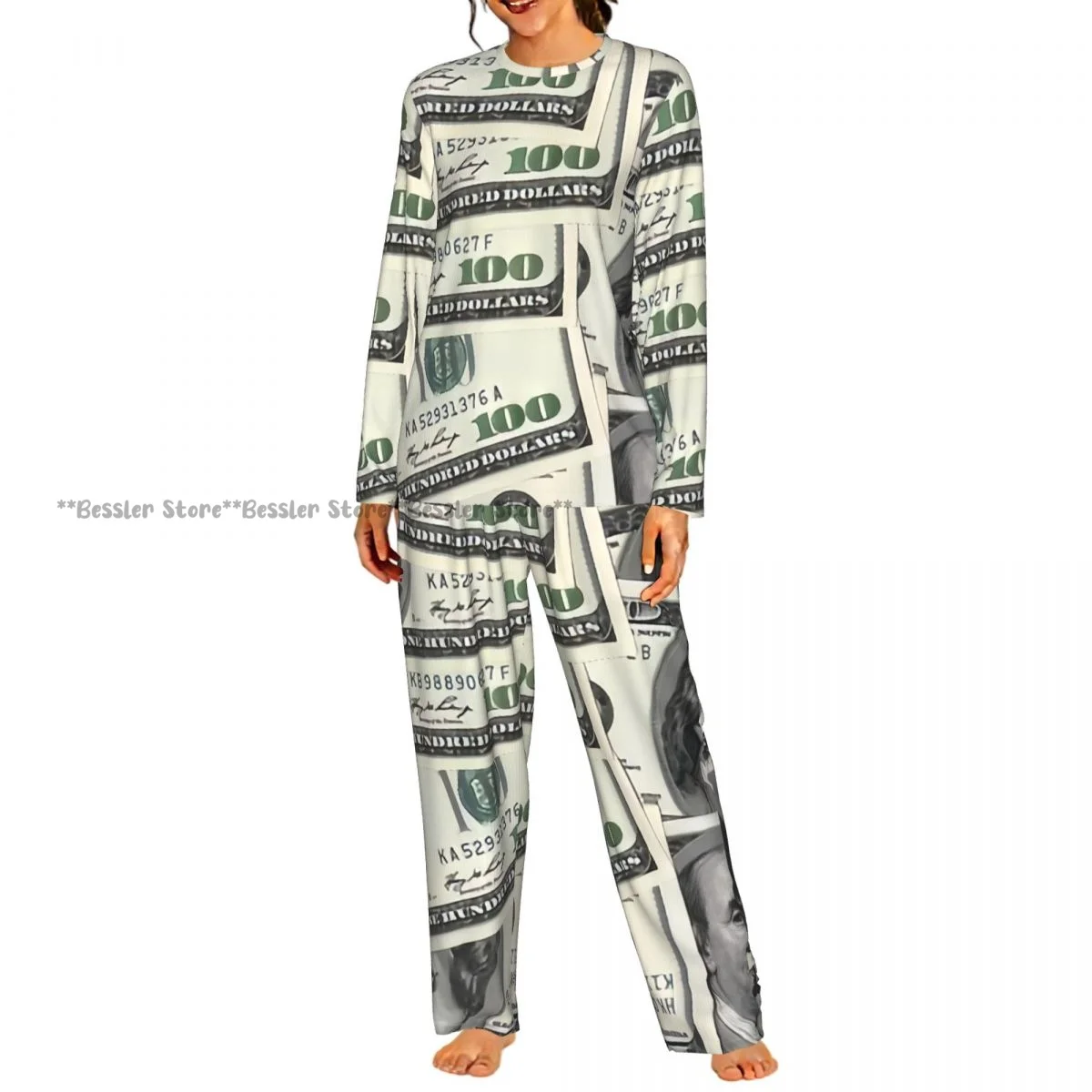 Women Round Neck Pajama Suit Long Sleeve Tops Long Pants US Dollar Texture Ladies Nightwear Home Outfit