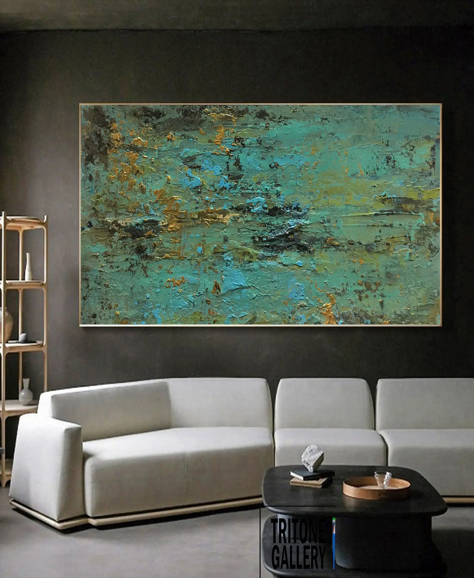 

Emerald & Gold Leaf Palette Knife Art Textured Canvas Original Modern Organic Abstraction for Room Decoration & Luxe Interiors