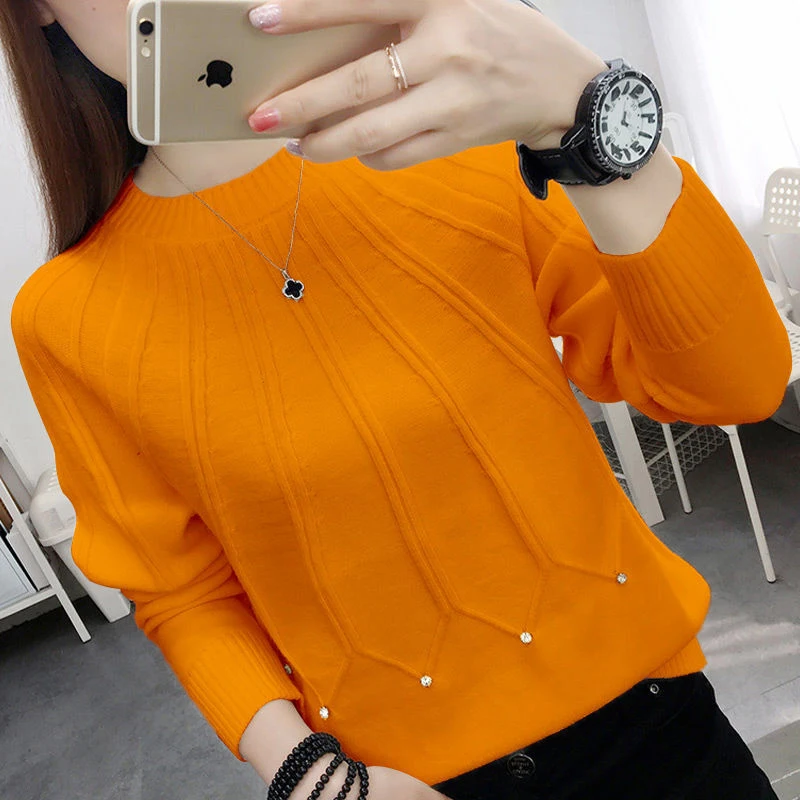 Autumn Winter New Solid Color Diamons Loose Casual Jumpers Female Simple All-match Fashion Knitting Pullover Tops Women Sweaters