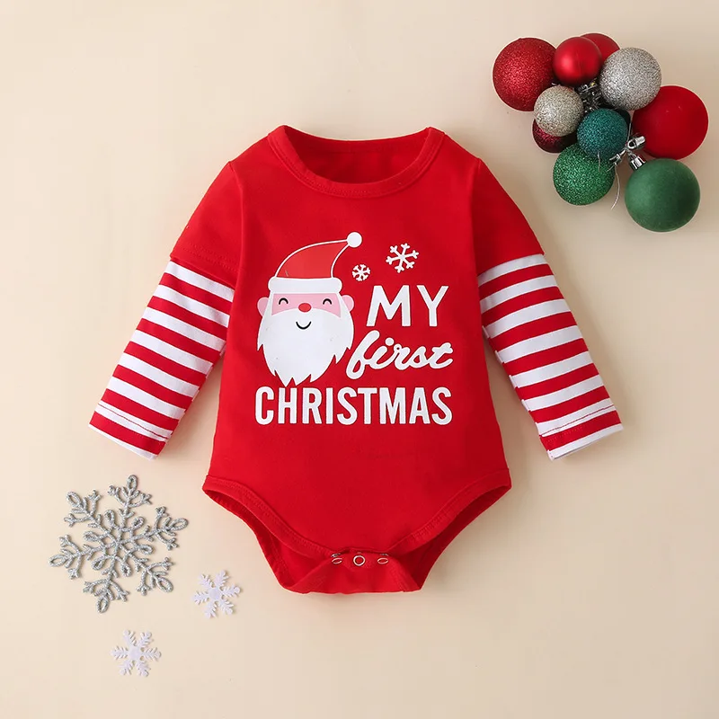 Newborn Christmas Crawling Clothes Baby Striped Warm Bodysuit Children\'s Spring Autumn Costume Girls Boys Hat Romper Pants 3Pcs