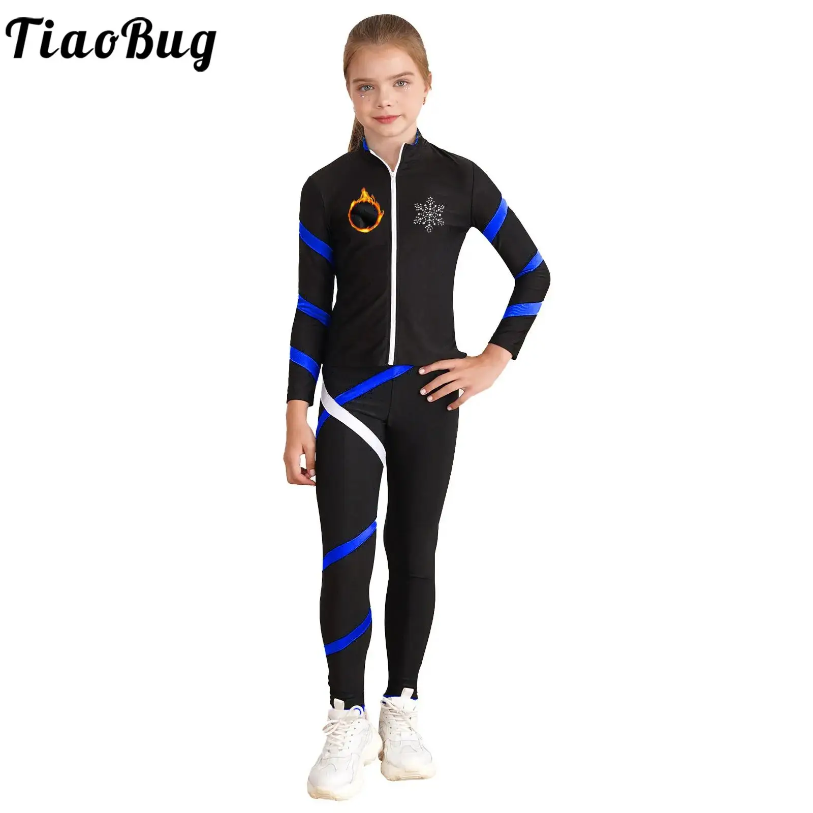 Kids Girls Sports Suit Stand Collar Front Zipper Fleece Jacket with Pants Skating Gymnastics Dance Running Skating Wear