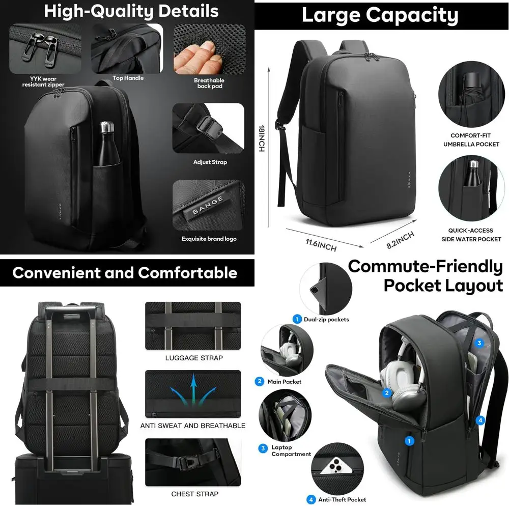 

15.6 Men's & Women's Waterproof Laptop Backpack, Commuter Travel Bag, Lightweight Carry-On - Black