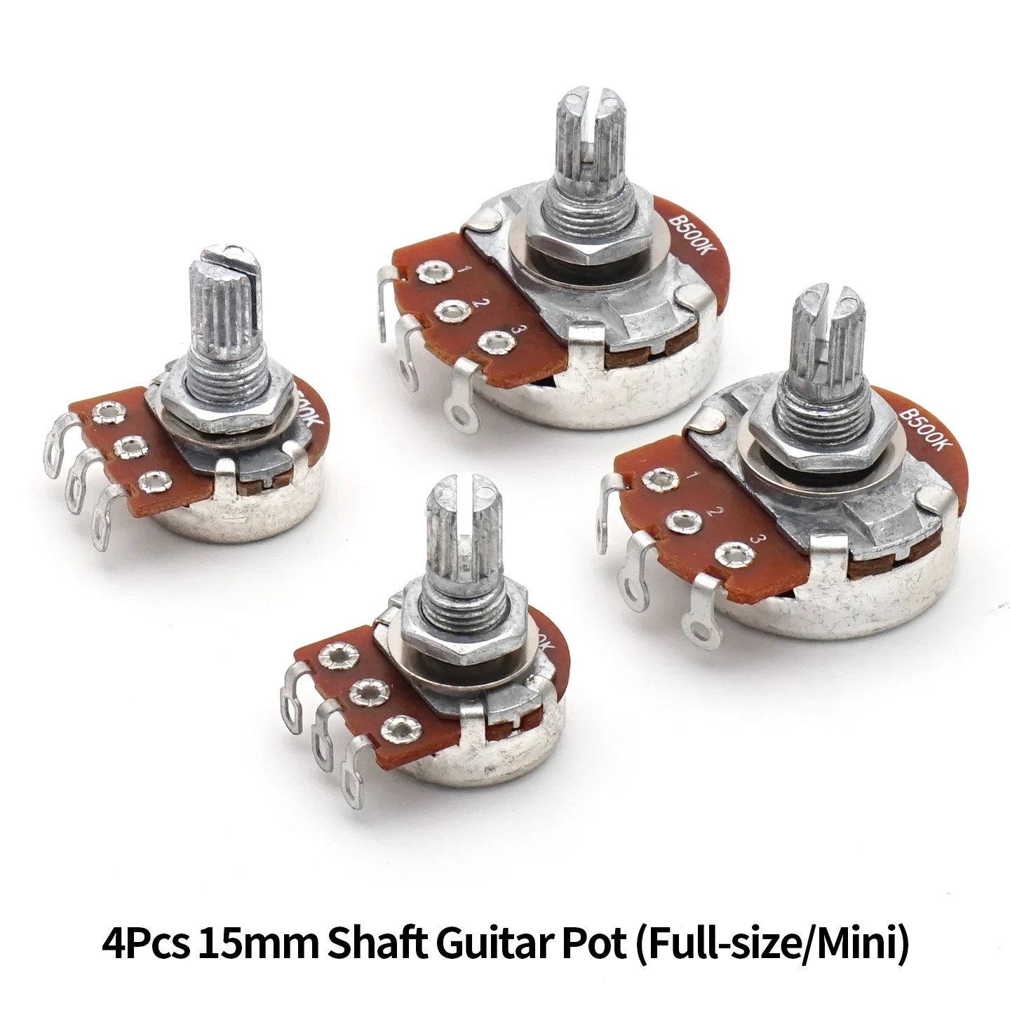 4 Potenciómetros de Guitarra de 15mm (Tamaño Completo/Mini) para Guitarra Eléctrica y Bajo, A/B 250K 500K, Potenciómetro de Volumen y Tono