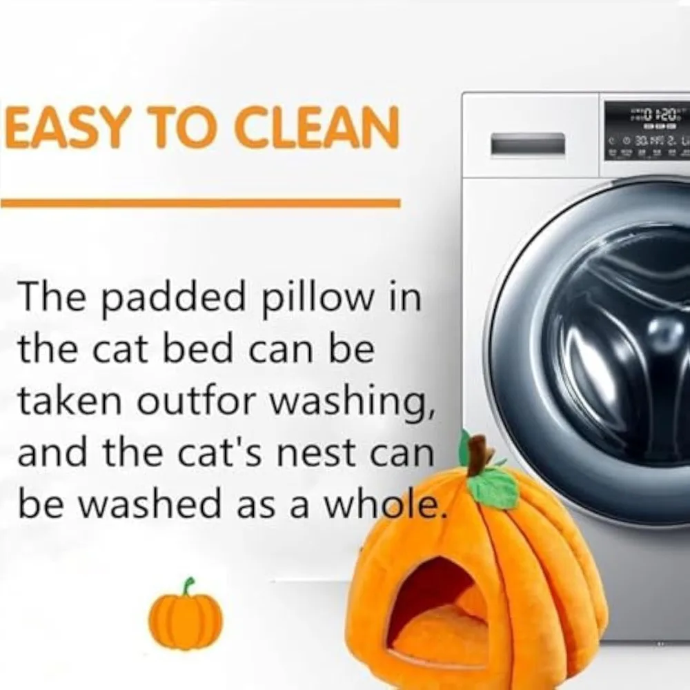 سرير كهف قطط على شكل يقطين مع وسادة قابلة للإزالة للحيوانات الأليفة الصغيرة