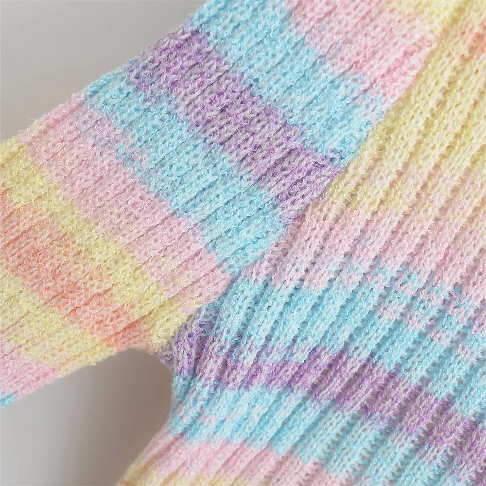 Camisola feminina moda gradiente arco-íris listra curto decote em v manga longa de malha outono nova camisola