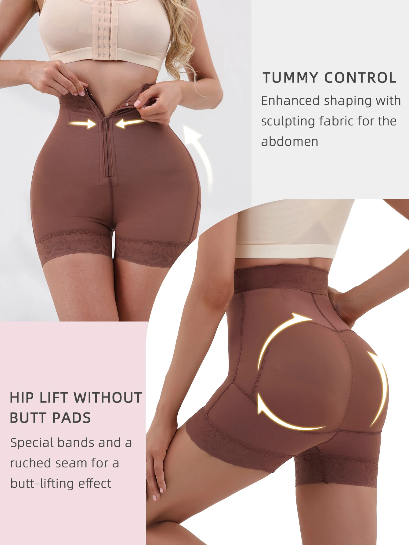 Platte Hoek Midden Taille Shapewear Rits Buik Control Shaper Kant Butt Lifter Slipje Voor Vrouwen