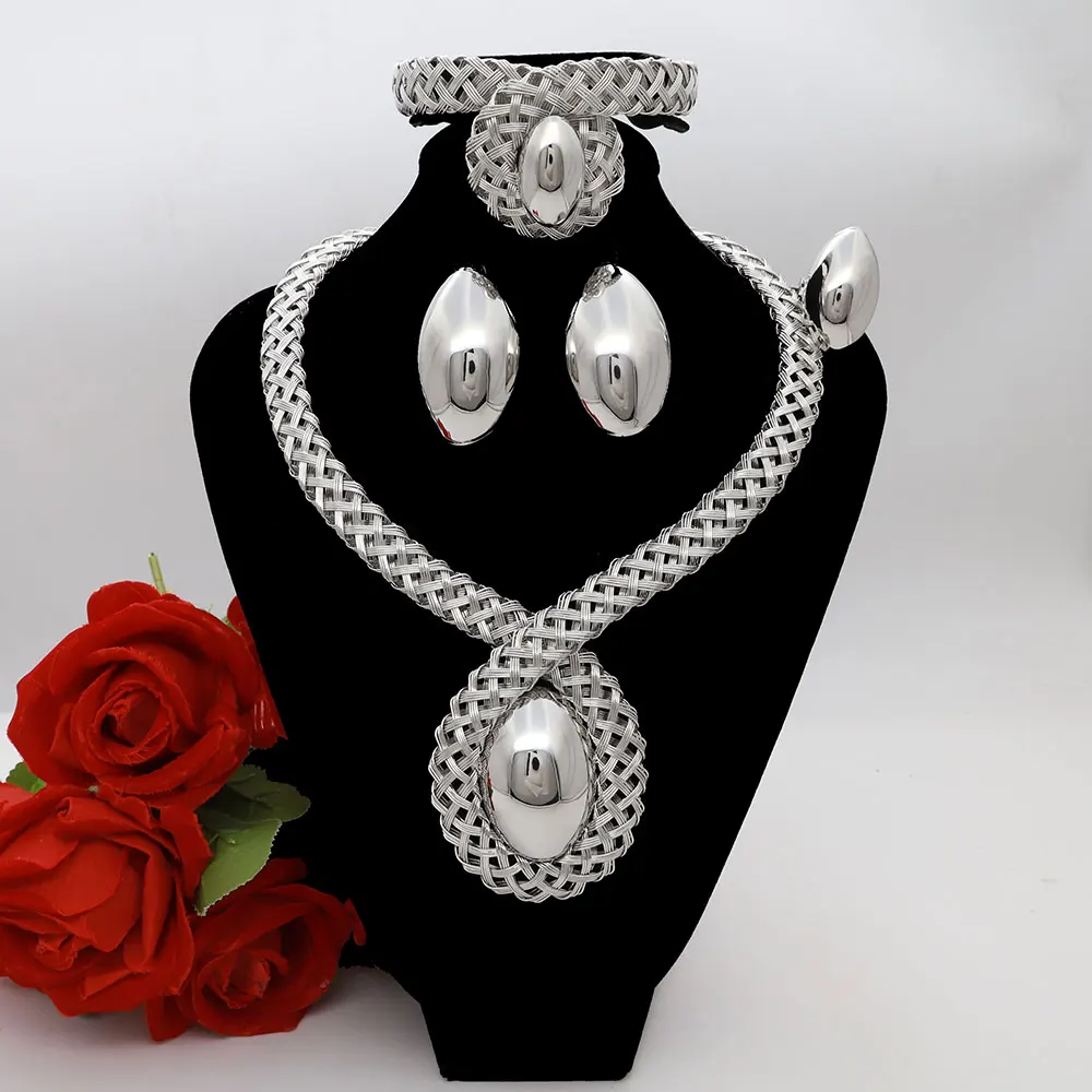 

Последний модный трендовый комплект ювелирных изделий для женщин, уникальный дизайн, ажурное ожерелье, браслет, изысканные серьги, кольцо, свадебная вечеринка