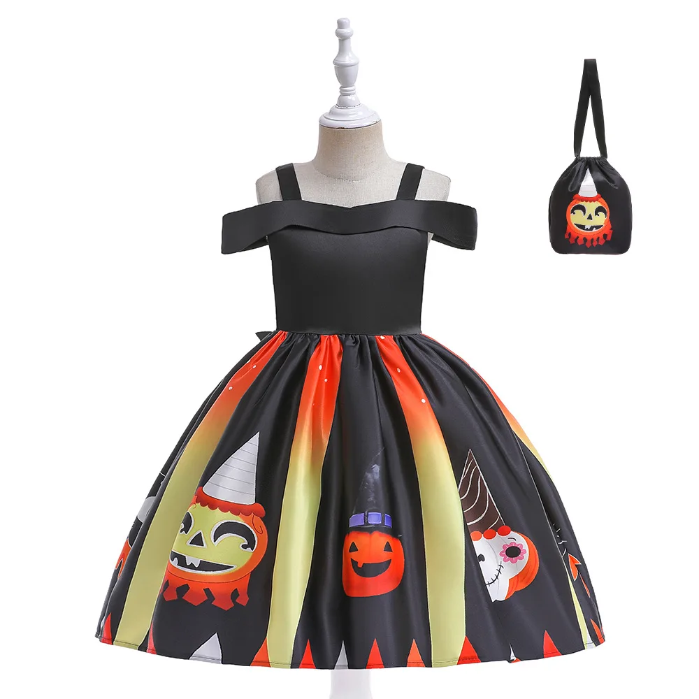 Kids Girls Pumpkin Cosplay Costume Children Print Dress Outfits Halloween Black Carnival Party Disguise Roleplay Suit