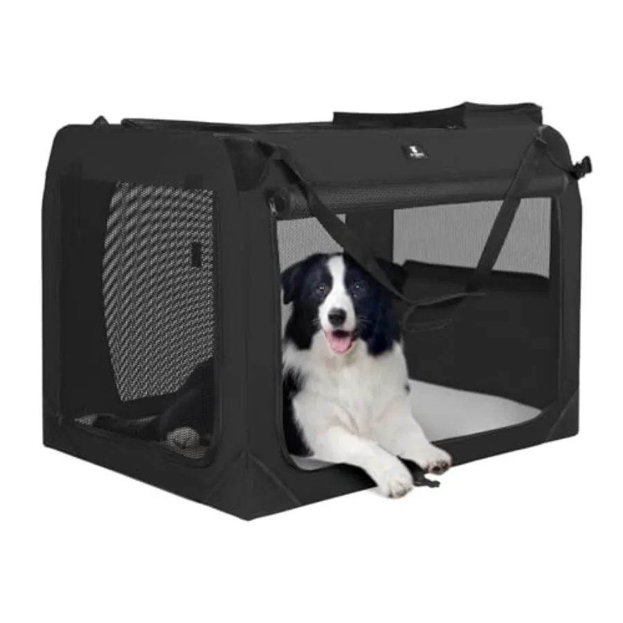 

3-Door Collapsible Soft-Sided Dog Crate for Indoor Outdoor Use 24-Inch Carbon Black Portable Pet Carrier with Multiple Storage