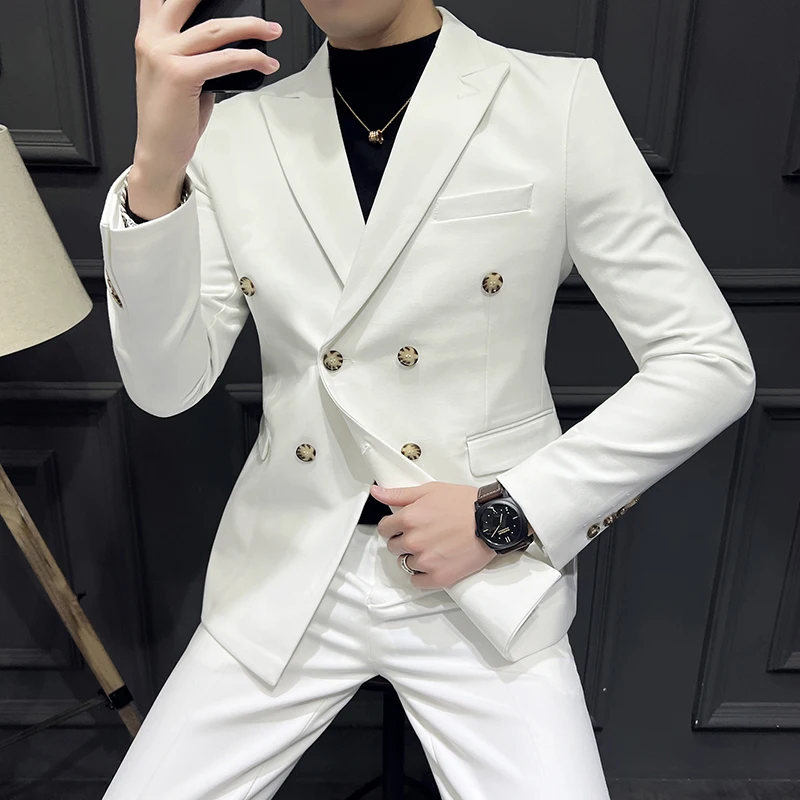 

Men's Double-Breasted Suits Korean Style White Black Grey Casual Groom's Wedding Dress/Man Luxury Tuxedo 2 piece Set 7XL-M