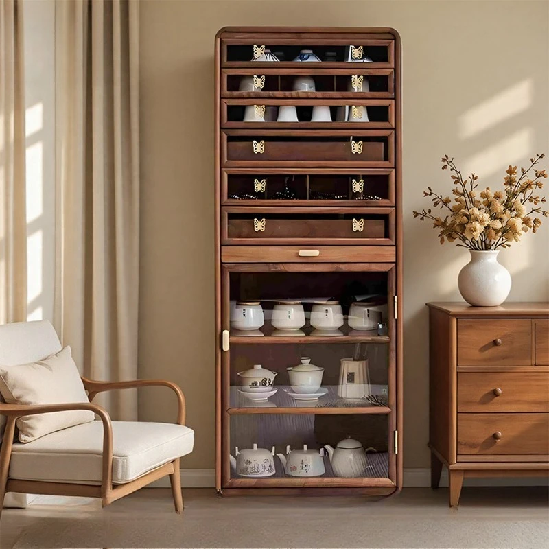 North American black walnut solid wood dental cabinet teacup tea set storage modern light luxury floor-to-ceiling cabinet