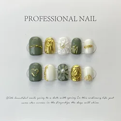10 pcs Luxury Handmade Press on Nails Short Square Green Micro Carving Design with 4-PIECE Tool Adhesive Nail Glue Tabs