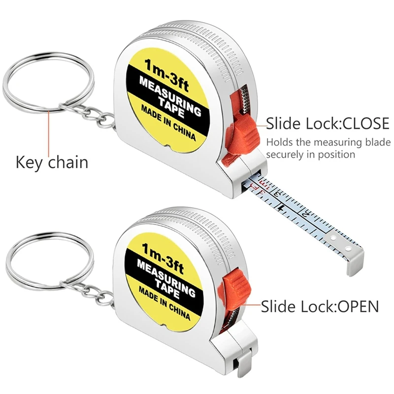 HOT SALE Tape Measure Keychains Functional Retractable Measuring Tape Keychains With Slide Lock For Construction Party,1M/3FT